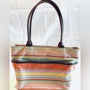 Striped Canvas Tote Bag with Brown Handles - Unbranded